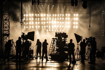 Silhouette of a film set with crew and equipment