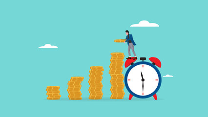 long term investment concept, Growth Earning From Compound Interest In Long Term Investing, businessman makes financial growth graph by stacking gold coins on top of big clock vector illustration