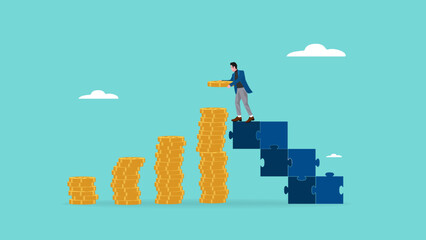 saving money or investment progress, saving money for long term investment, strategy for investment progress, businessman stacking gold coins on ladder of puzzle concept vector illustration - obrazy, fototapety, plakaty