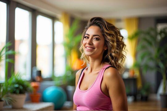 Medium shot portrait of cheerful girl dressed for exercising at home