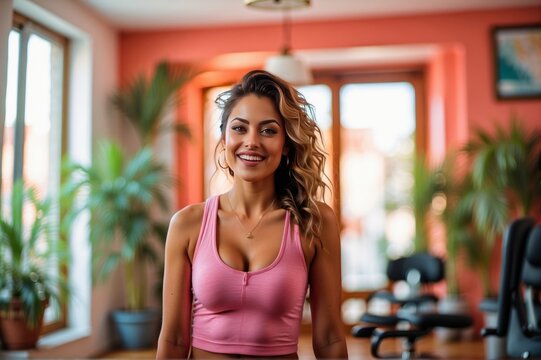 Medium shot portrait of cheerful girl dressed for exercising at home