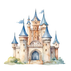Whimsical Watercolor Castle. A Fairy Tale Painting in Dream, Sparking and Enchanting Imagination. Dreamlike Illustration, Immerse in the Magical Kingdom, Vibrant and Pastel Color of Fantasy.