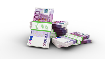 3d rendering of Stack of 500 Euro notes. bundles of European union currency notes isolated on transparent background
