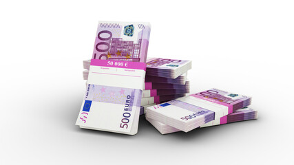 3d rendering of Stack of 500 Euro notes. bundles of European union currency notes isolated on transparent background
