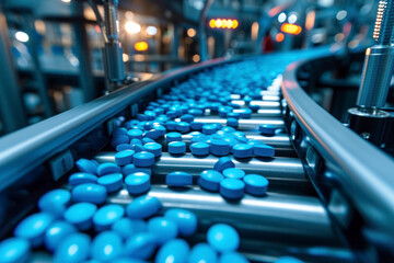 Fototapeta premium Blue Capsules are Moving on Conveyor at Modern Pharmaceutical Factory. Tablet and Capsule Manufacturing Process. Close-up Shot of Medical Drug Production Line.