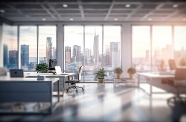 Blurred large modern office workspace in the morning , interior workplace with cityscape for business presentation background, Generative AI
