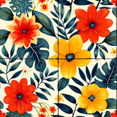 Seamless Tile Leaves and Flowers Pattern, AI designed