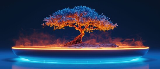 3D printer creates bonsai tree table, using blue and orange light. High quality photo.