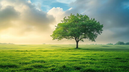 Fototapeta na wymiar Tree stand on green field background, nature wallpaper for web or banner