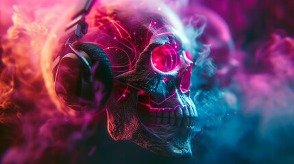 vibrant neon lit skull wearing headphones in a surreal, psychedelic music concept