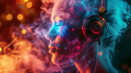 Woman in headphones in neon smoke, embodying musical ecstasy concept