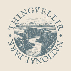 Thingvellir, Selfoss, Iceland Illustration Clip Art Design Shape. National Park Vintage Icon Vector Stamp.