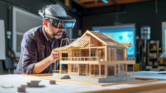 virtual reality architecture 3d construction house building model using with goggle vr headset,architect male using advance technology testing system and construction design on new project vr