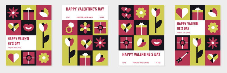 Geometric Valentine's poster set with simple shapes. romantic vector background. Modern abstract concept for banner.