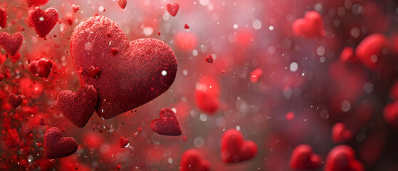 Vibrant red bubbles cascade from the sky like rain, forming heart-shaped objects that evoke feelings of love and whimsy