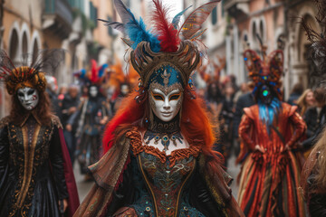 Fototapeta na wymiar Adults in costume celebrating carnival on the street