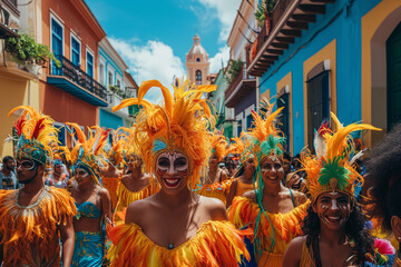 Naklejka premium Adults in costume celebrating carnival on the street