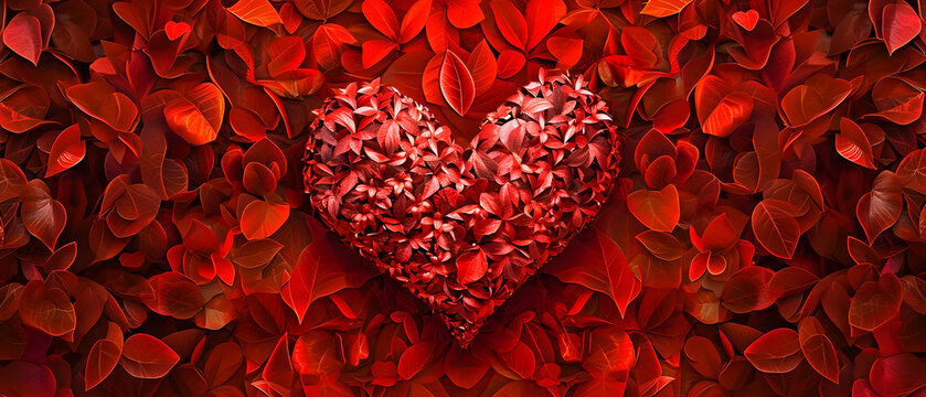 A captivating abstract art piece of maroon and red hues, shaped like a heart and adorned with delicate leaves, evoking feelings of love and passion on valentine's day