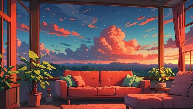  stream overlay loop animation, virtual backgrounds, wallpaper, cozy lo-fi living room, vtuber asset twitch zoom OBS screen, anime chill hip hop.	