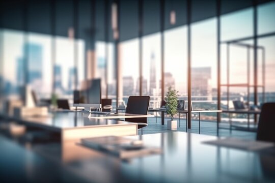 Blurred large modern office workspace in the morning , interior workplace with cityscape for business presentation background, Generative AI