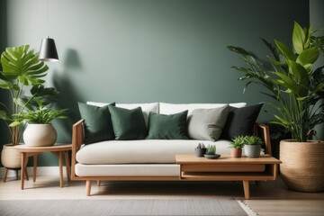 Scandinavian Interior home design of modern living room with wooden sofa and ornamental plants with green wall
