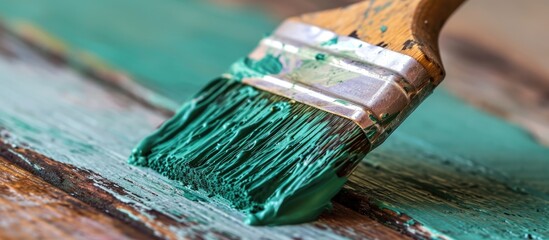 Fototapeta premium A detailed view of a wide decorator's brush, covered in green paint, applying it to wood.