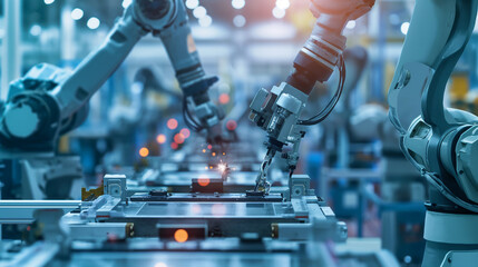 Industrial robot arm on factory conveyor belt. 3d rendering - obrazy, fototapety, plakaty