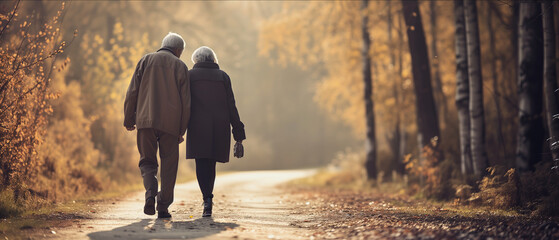 Elderly Couple's Peaceful Autumn Walk: A Heartwarming Scene of Togetherness Amidst Golden Fall Foliage - obrazy, fototapety, plakaty