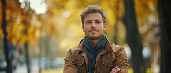 Autumn's Embrace: Reflective Young Man Enjoying the Serenity of Fall Season in the City