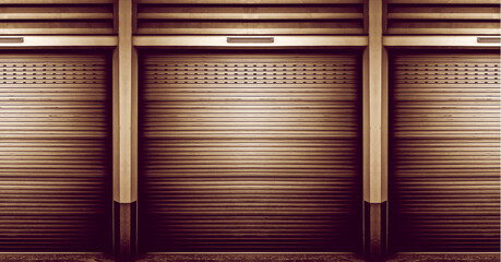 Closed steel shutter door of warehouse, storage or storefront for rusty old weathered door...