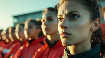 A team of focused athletes in red uniforms ready for competition.