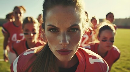 A fierce female football player leads her team with intensity and focus in her eyes.
