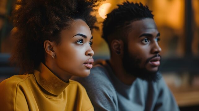 Two Young People Sit Side By Side, Looking Thoughtfully Into The Distance With A City Backdrop.