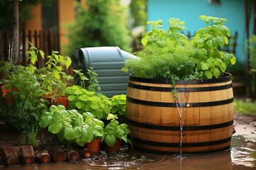 Water from rain is collected in the garden and stored in a barrel for watering plants. It provides an ecological system for irrigation. Generative AI - obrazy, fototapety, plakaty