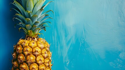 A ripe pineapple standing against a vivid blue textured background, exuding tropical warmth.