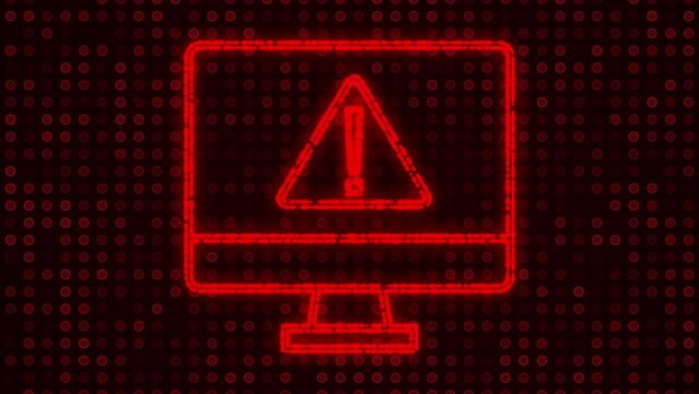 Digital computer and danger triangle icon made of moving red glowing particles on technological red dots background. Concept of virus detected, error, failure, computer hacking and crime.