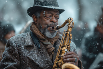 Jazz Performances in Winter Scenery, Vinterjazz, Soulful jazz melodies meet winter vibes: Talented musicians play saxophones and trumpets amid snowy landscapes or cozy indoor jazz clubs