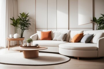 Interior home design of modern living room with curved beige sofa and round table against white wall