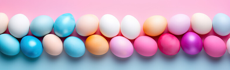 Top view of colorful Easter eggs in two rows on soft pink and blue background. Multicolor painted eggs banner on light surface. Generative AI.