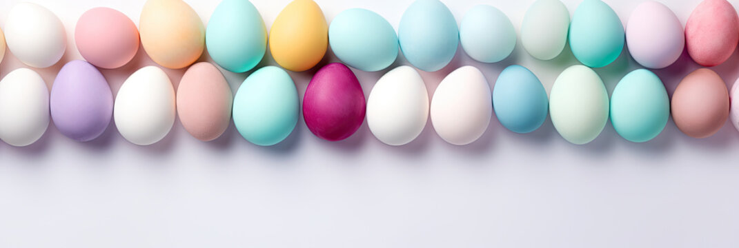Top view of colorful Easter eggs in two row on soft purple background. Multicolor painted eggs banner on light surface. Generative AI.