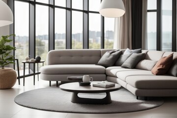 interior home design of modern living room with curved gray sofa and large window