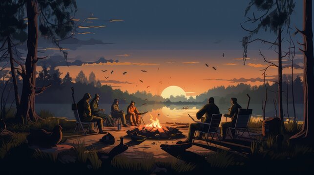 People around a campfire by the lake in the afternoon, sunset and pine trees in the background