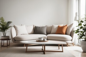 Scandinavian Interior home design of modern living room with curved beige sofa chairs and green ornamental plants