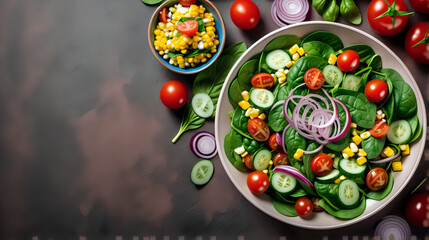 Spinach salad with cherry tomatoes, corn salad, cucumber and red onion. Healthy food concept, Food for diet. Gray stone background. Top view with text space. Generated with AI.