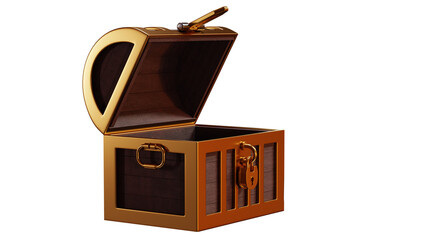 Open wooden treasure box metal edge open and empty side view 3D rendering