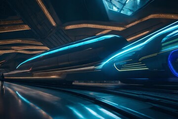A cutting-edge transportation hub featuring sleek, magnetic levitation trains weaving through...
