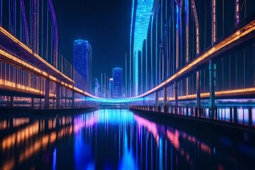 A futuristic cityscape beneath a dazzling display of interconnected holographic bridges, reflecting in the calm waters of a vast artificial lake. - obrazy, fototapety, plakaty