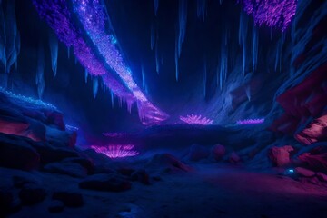 A subterranean cavern adorned with luminescent crystals, casting a mesmerizing glow on the alien rock formations and subterranean flora. - obrazy, fototapety, plakaty