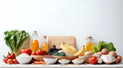 Healthy food. High fiber and carbohydrates with grains on white background. Text space.