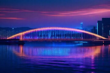 Obraz premium A futuristic cityscape beneath a dazzling display of interconnected holographic bridges, reflecting in the calm waters of a vast artificial lake.